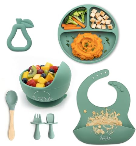 7-Piece Baby Weaning Set – BPA-Free setslicone Strong Suction setsd Plate, Teather, Baby Bowls w/Extended Curved Lip, Baby Spoons, Baby Bibs w/Catcher – Micro & Dishwasher Safe Toddler Cutlery Set