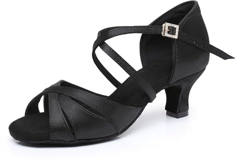 Rosefinch Zapatos de Baile Latino para Mujeres Suela Blanda Hebilla de Diamantes de imitación Salsa Tango Bailes de salón Zapatos de Baile Profesional de práctica Tacón 5cm, Negro 38EU
