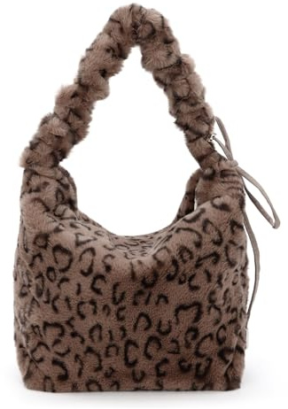 Jywmsc Leopardmönster fluffig fluffig axelväska för kvinnor, stor plysch axelväska axelväska, höst- och vinterväska med handtag, khaki