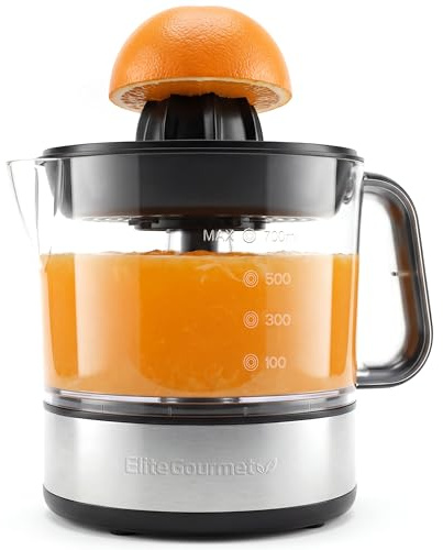 Elite Gourmet ETS326 BPA-Free 40-Watt Electric Citrus Juicer, Compact, Large Volume, Pulp Control, Oranges, Lemons, Limes, Grapefruits with Easy Pour Spout, 24oz, Black/Stainless Steel