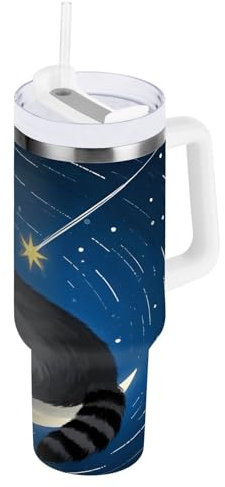 OWFKAY 40oz Isolato Caffè Tumbler con Coperchio Bottiglia di Acqua di Paglia Acciaio Inox Tumbler Uomini Donne Luna Procione
