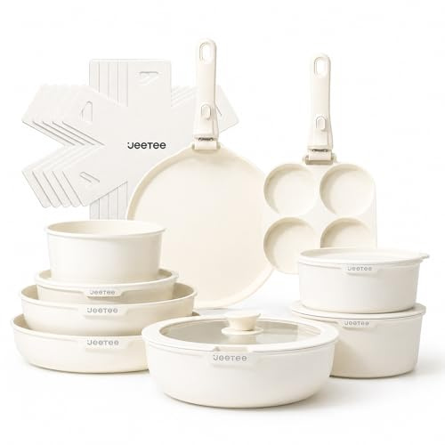 JEETEE Batterie de Cuisine Antiadhésive 20 Pcs, Sets de Poêles et Casseroles avec Poignée Amovible, Ensemble de Cuisine pour Camping-car, Empilable, Passe au Four, Sans PFAS/PFOA, Beige