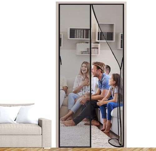 Magnetic Fly Screen Door 90x210cm,Heavy Duty Self-Sealing Bug Mesh with Powerful Magnets and Full Frame Magic Tape, Stay Open Option with Buckles,No Drill Fit, Pet & Kid Safe for Sliding/Patio Doors