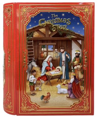 your castle Caja de hojalata grande en forma de libro de Navidad Navidad estrella galletas caja retro caja retro muy grande, 24.5 x 21 x 9 cm Contenido: 3 L