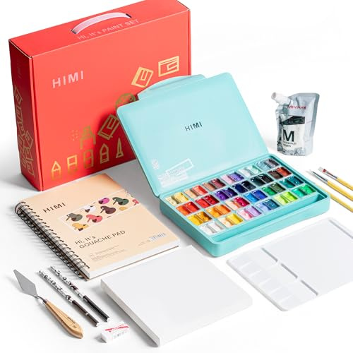HIMI Juego de pintura Jelly Gouache de 48 colores, kit completo de arte con almohadilla, recarga de pintura, paleta, pinceles, cuchillo de pintura, marco plegable para principiantes, estudiantes y