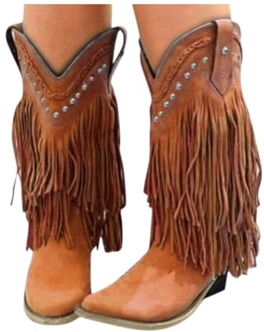 Bottes de cowboy à franges pour femme, 2025 à bout pointu et pompons, bottines rétro à franges à rivets à enfiler larges, mi-mollet, bottes d'équitation à mollet large, marron, 37.5 EU