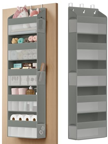 SONGMICS Étagère Suspendue, 5 Compartiments, Rangement Suspendu, Pliable, Rangement Penderie, Crochets en métal, Transparent, Pochettes Latérales, Gris Tourterelle RDH010GD01