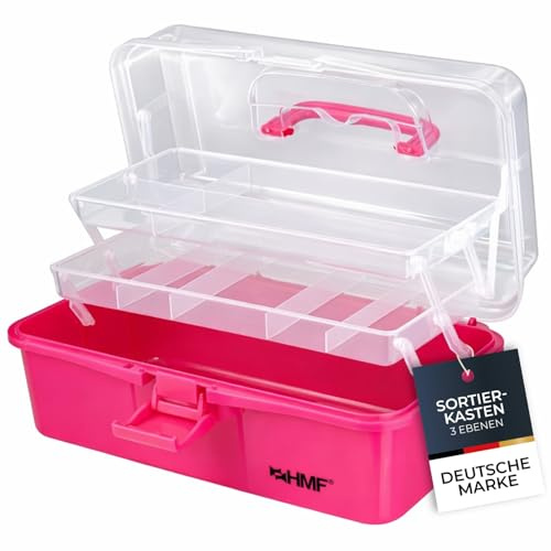 HMF Cassetta da cucito apribile a 3 livelli, scatola portaoggetti per piccoli accessori | 33 x 20 x 15 cm | Rosa
