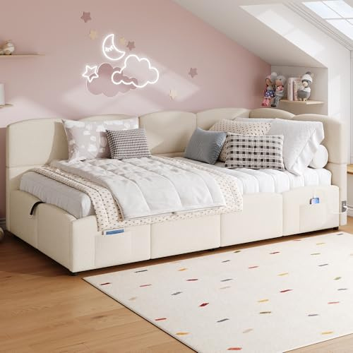 Merax 3FT Upholstered Single Sofa Bed Daybed with Slatted Frame, Hydraulic Storage and USB Charging Port, Boucle Children’s Ottoman Bed, 90 x 190 cm, Beige (Mattress Not Included)