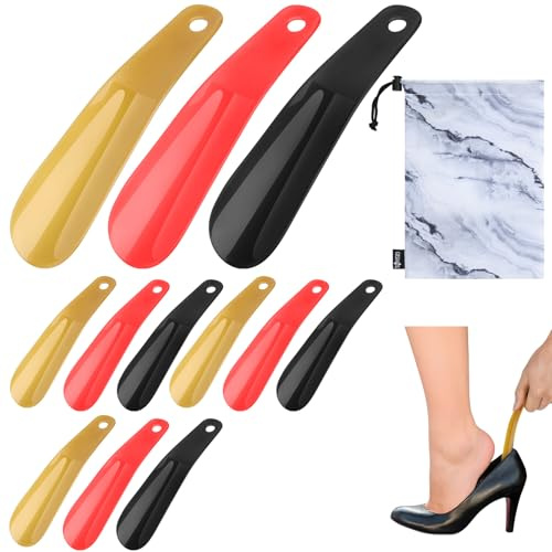 Cosmos 12 Pcs Shoes Horn Plastic Travel Shoehorn 6.3'' Shoe Easy-Slip Shoes Horns for Men Women Shoes Boots, with Marble Pattern Drawstring Pouch Bag
