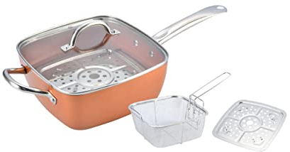 SILVANO CRONOS Sartén Cuadrada de Cobre Antiadherente para Inducción + Accesorios