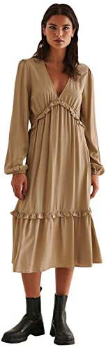 NA-KD Damen Midi-Rüschenkleid mit Ballonärmeln Lässiges Kleid, Dunkelbeige, 36