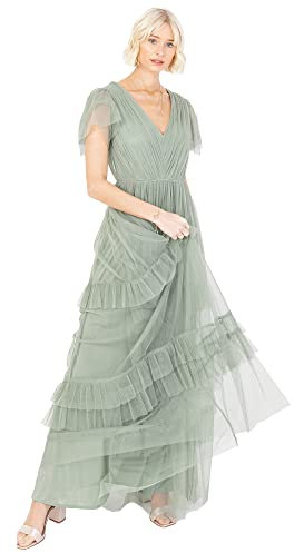 Anaya with Love Damen Short Sleeve Evening Ball Gown Tiered V Neck Bow Tie Bridesmaid Wedding Guest Prom Long Kleid, Frosted Green, 46 EU (UK 18)