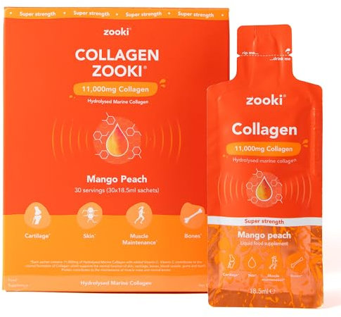 Zooki 11,000mg Super Strength Marine Collagen Liquid Sachets | Hydrolysed Peptides | Ultimate Skin, Hair, Nails, Joints, Bones & Muscles Support (Mango Peach Flavour, 30 Servings)