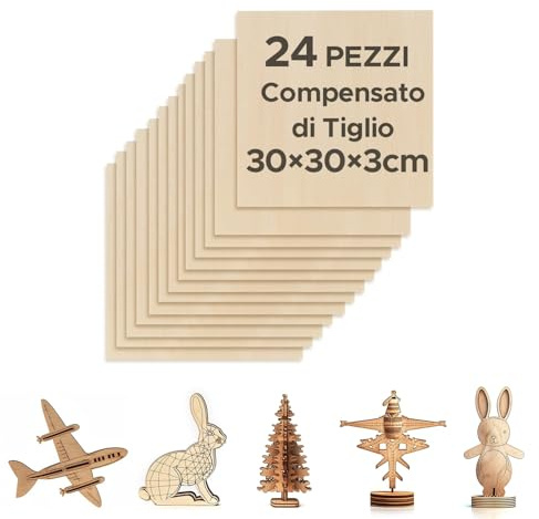 OMTech 24 Fogli di Tiglio 300x300 mm Fogli di Compensato per Artigianato, Fogli di Legno Spessi 3 mm per Incisione Taglio Laser per Progetti Fai da Te Disegni Pittura Modelli Architettonici