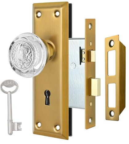 ToPToToo Mortise Lock Set Interior Door, Glass Door Knobs with Lock,Old Style Door Knob Replacement, Vintage Antique Door Lock with Skeleton Key,Classic Antique Brass Finish