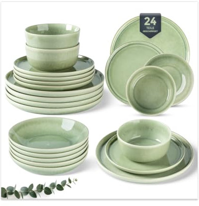 GBHOME Dinner Set for 6, 24 Piece Stoneware Set - Round Reactive Glaze Plates & Bowls, Highly Chip and Crack Resistant | Dishwasher and Microwave Safe Crockery Set