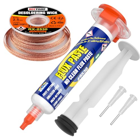 BEEYUIHF No-Clean pasta saldante (10mL siringa) con 3M/10ft 2,5 mm Treccia di dissaldatura per elettronica saldatura riparazioni Kit