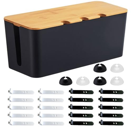 Scatola Portacavi, 32 x 13,6 x 12,7cm Scatola di Gestione dei Cavi con Coperchio in Legno, Scatola Nascondi Cavi con Fascette e Supporti per Cavi, per Prese Multiple Elettriche, Nero