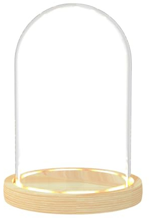 Nynelly 18 cm Tall Lighted Glass Dome with Base, Clear Bell Jar Glass Cloche with Base, Small Glass Display Case for Labubu Figures Dolls Plants Curios Keepsakes Collectibles, 11.5x17.5 cm, Wood