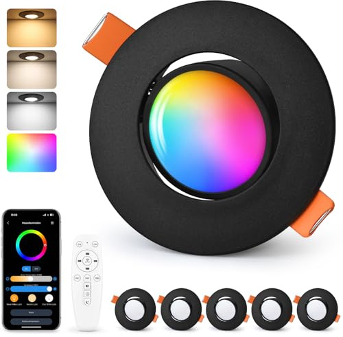 GeyouLux Faretti da Incasso LED RGB, Faretti Intelligenti 230V 2700K-6500K Dimmerabili con APP e telecomando, 68-80mm 5W IP44 Plafoniere, Orientabili a 45° Faretti da Incasso Neri per Bagno, 6 Pezzi