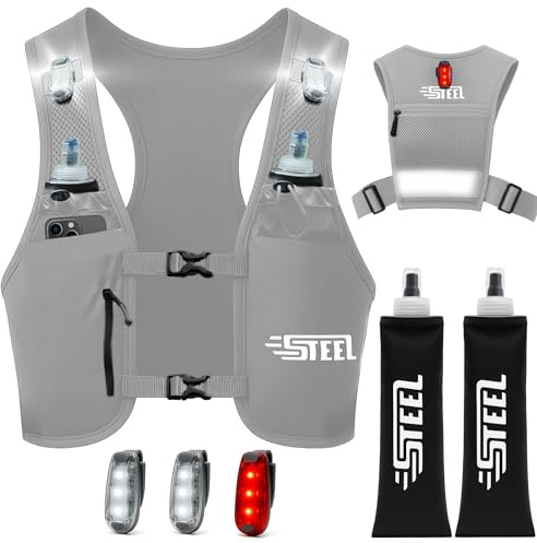 Gilet Running d'hydratation Réfléchissant LED Recheargeable, Porte-Bouteille d'eau, Ajustable, Gilet léger, Gourde d'hydratation de 500 ML pour randonnée, Trail, Running (Gris (2 Gourdes), Unique)