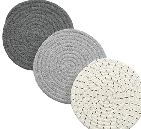 JinweiS Potholders Set Trivets Set 100% Pure Cotton Thread Weave Hot Pot Holders Set (Set of 3) Stylish Coasters, Hot Pads, Hot Mats,Spoon Rest for Cooking and Baking by Diameter 7 Inches (Gray)
