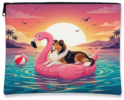 Funny Rough Collie Dog Makeup Bag, Flamingos Lifebuoys Sea Cosmetic Travel Pouch for Women Girls, Portable Small Canvas Zipper Organizer, Pet Toiletry Bag 7x9 Inch