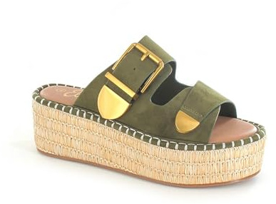 ella Flatform Wedge Slider Sandals Raffia Style Platform Gold Tone Buckle Faux Suede Straps, Memory Foam Footbed