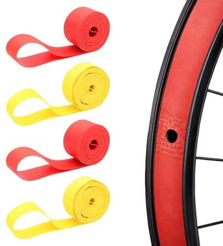 Mistillion 4Pcs Bike Tire Liners, Puncture Resistant Rim Tape 700Cx18mm, Bicycle Inner Tube Protector Pad, Anti-Puncture Wheel Strip for Road & Mountain Bikes (Red+Yellow)
