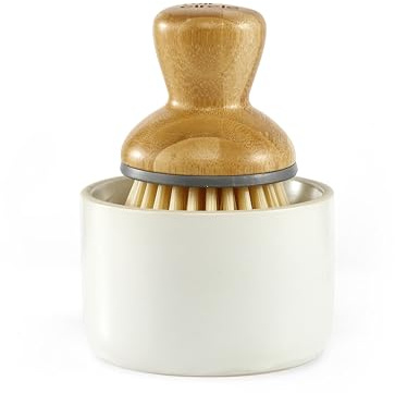 Full Circle Bubble Up Bamboo Dish Brush & Ceramic Soap Dispenser – Family Safe, Formaldehyde-Free – Kitchen Scrub Brush for Dishes, Nonstick & Cast Iron, White