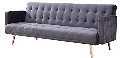 Home Detail Velvet Three Seater Sofa Bed in Grey Pink Blue or Green with Contrast Golden or Rose Gold Finish Legs (Grey with Rose Gold Legs)