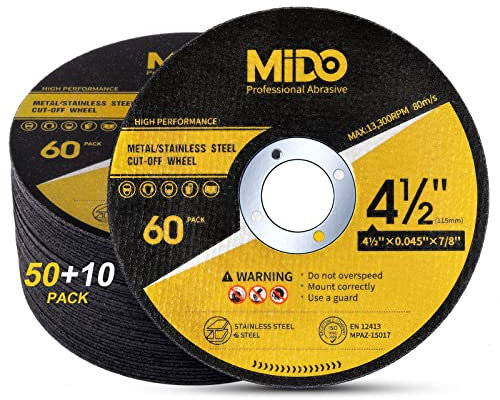 MIDO Professional Abrasive 115 mm Cutting Disc 60-Piece Metal Fast Cutting Ultra Thin 1 mm Cutting Discs Stainless Steel Cut Off Wheel for Angle Grinder