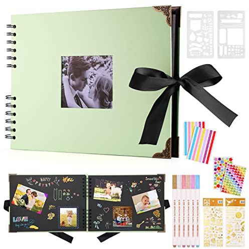 DazSpirit Fotoalbum 29,5 X 21cm Fotoalbum Zum Selbstgestalten Schwarz Fotobuch Mit 80 Seiten Scrapbook, Für 160 Bilder, Inkl.6 Metallic Farbmarker, Gästebuch Für Geburtstag Und Hochzeit(Grün)