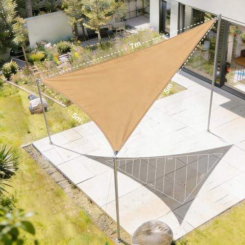 HAIKUS Tenda a Vela Triangolare 5x5x7,1 m, HDPE Traspirante, Vela Ombreggiante Triangolare 5x5x7, Telo Tenda da Sole per Esterno, Giardino Terrazza, Sabbia