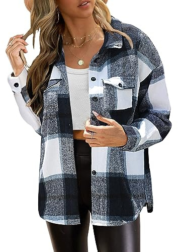 Zeagoo ZAGOO Giacche a Quadri per Donne Cappotti di Flanella Trapuntati con Bottoni Oversize con Camicia a Quadri Blu L