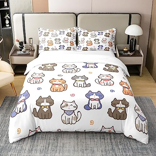 Set di biancheria da letto in 100% cotone con copripiumino per letto singolo, con stampa di gatti, set di biancheria da letto con simpatico gattino, set di biancheria da letto con copripiumino e fede