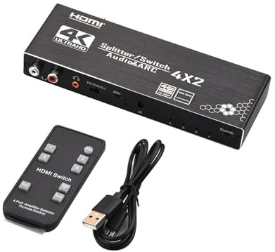 MOOKEENONE HDMI-brytardelare, 4K @60Hz 4 i 2 ut HDMI-splitter switch 4K med 3,5 mm ljudextraktor med kontroll