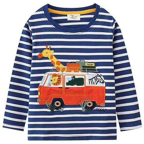 Kids Boys Giraffe Long Sleeve Striped T-Shirt Tops Toddler 100% Cotton Casual Crewneck Tee Shirts Clothes Age 3-4 Years