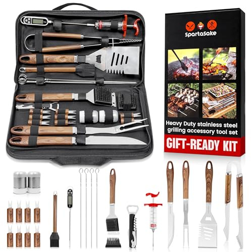 SpartaSake (24-Pack) Premium Stainless Steel BBQ Grilling Accessories with Wood Handles - Barbecue Gill Accessories Set for Blackstone Griddle - Outdoor Camping Grill Set for BBQ for Dad Men Women