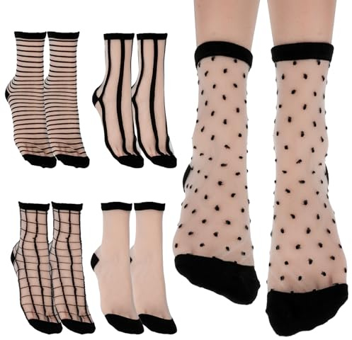 Lusofie 5 Paires Chaussettes Noires Transparentes Rayées À Carreaux À Pois Bas Résille Mignonnes Femmes Filles