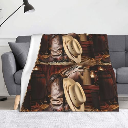 YYHHAOFA Cowboy-Decke mit schwarzem Hut, Westernstiefel, bedruckt, Flanell, 152,4 x 127 cm, leicht, warm und langlebig, weich und knitterfrei