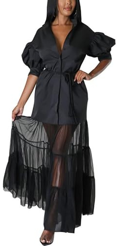 Blusa casual de tul para mujer, vestido largo de malla, con botones y cinturón, falda acampanada transparente, 43, XXL