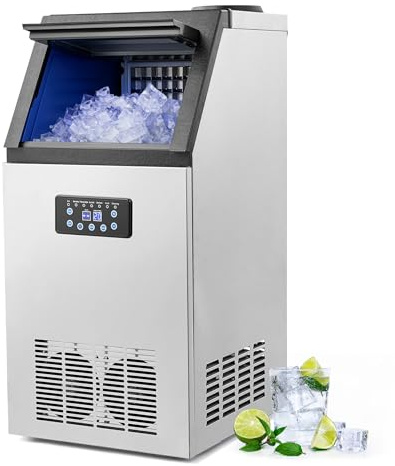 CREWORKS Macchina Ghiaccio Professionale 59kg/24h Fabbricatore Ghiaccio con Schermo LCD Macchina Ghiaccio Autopulente Commerciale in Acciaio Inossidabile per Casa Ufficio Ristorante Bar