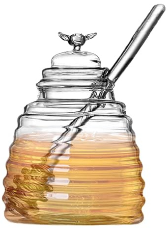 Generic Tarro de Miel de Vidrio Transparente con Tapa y Cucharón | Recipiente para Miel, Jarabes, Salsas, Aderezos para Ensalada | Bote Dispensador de 500 ml