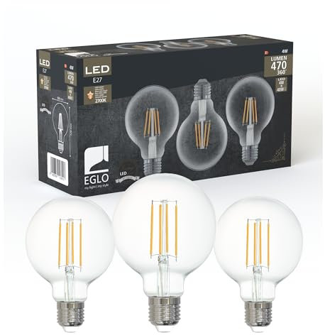 Eglo Lot de 3 ampoules LED E27, ampoule filament vintage claire, 4 watts chacune, ampoules globe, lumière blanc chaud, 2700 K, 470 lumens, ampoule rétro G80, Ø 8 cm