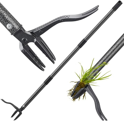 LLARGUEST Weed Puller Tool, 61 Stand Up Heavy Duty Gardening Hand Weeder Tools with 4 Claw Steel for Dandelion, Horseweed, Thistle, Remove Weeds Without Bending, Kneeling, Pulling