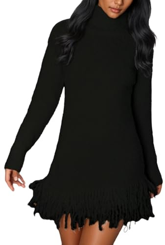 Kwunbwa Women Long Sleeve Short Sweater Dresses Fringe Mini Knit Dress