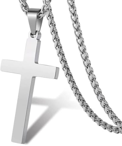 strrng Cross Necklace Men, Stainless Steel Silver Cross Necklaces, Crucifix Necklace for Men, Mens Crucifix Necklaces, Christian Confirmation Baptism Jewelry Gifts for Boys Mens(50-60cm)