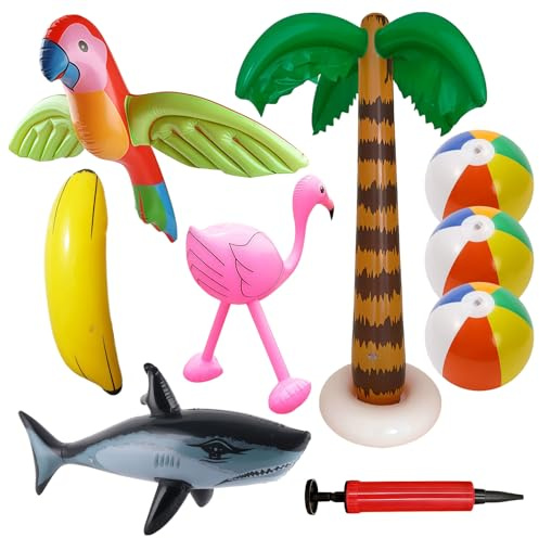 9 Pack Inflatable Palm Trees Flamingos Shark Parrot Banana Beach Balls Set Hawaiian Party Inflatable Decorations for Summer Pool Beach Party Decorations Backdrop Outdoor Party Supplies with Air Pump